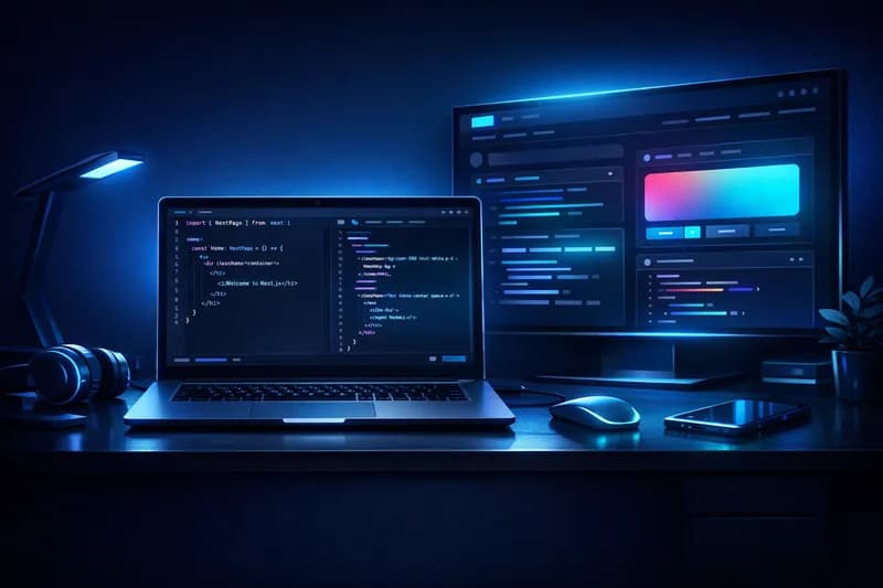 Dezvoltator web lucrând la un site modern cu Next.js și Tailwind CSS pe laptop